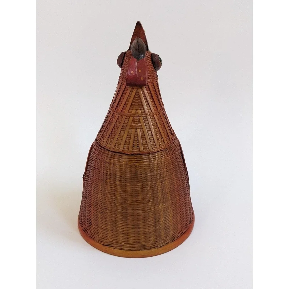 Vintage Shanghai Handicrafts Woven Wicker Rooster Lidded‎ Basket Hen Figural 9